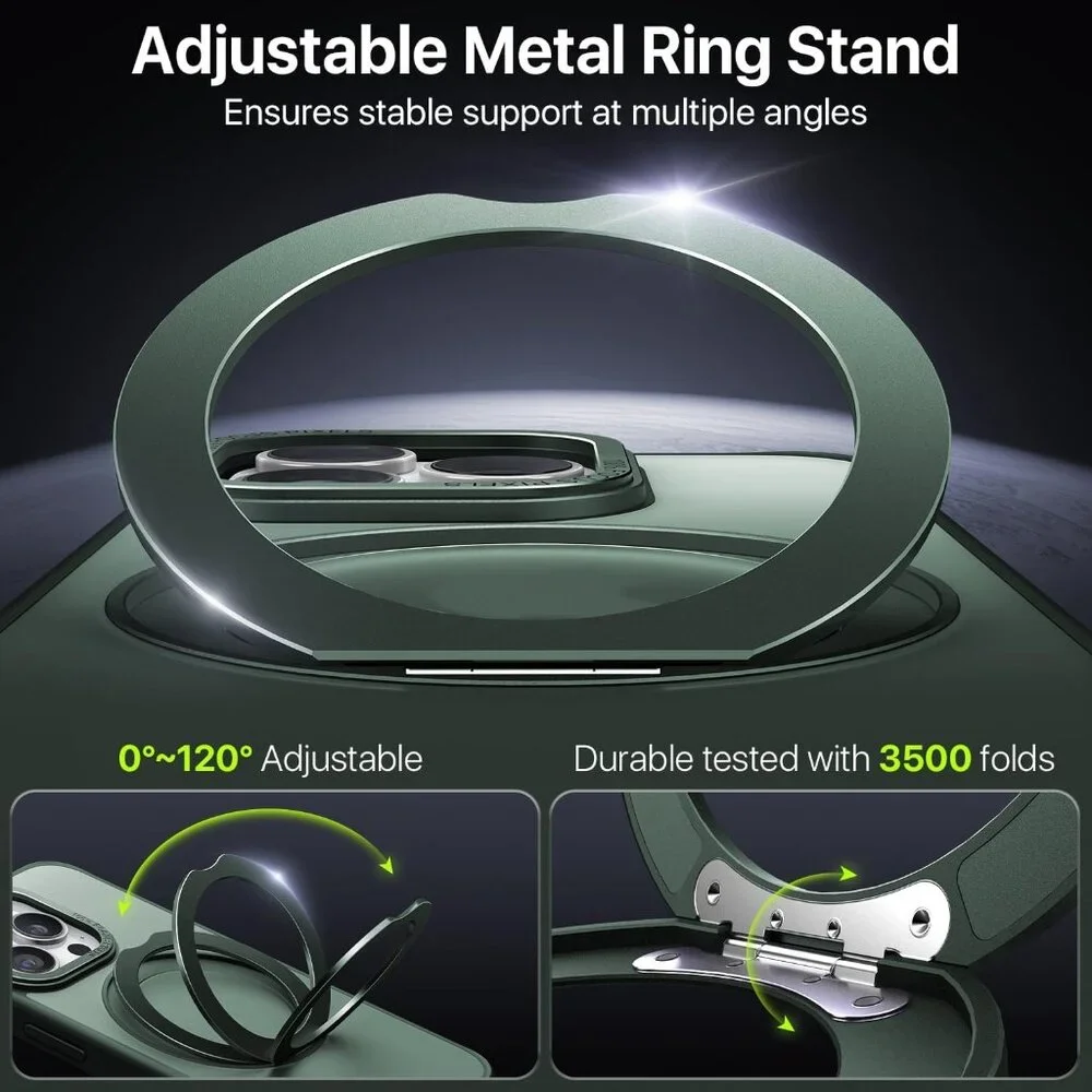 QTlier Green case iPhone 15 promax, 360 Rotatable Ring Stand, Raised Camera Fram
